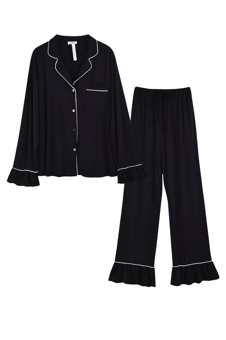 Women Bamboo Viscose Pajama Sets Ruffled Cuff Hem Long Sleeve Fancy Yarn 2 Piece Loungewear Loose Fit Drop Shoulder - MOSSRIVER