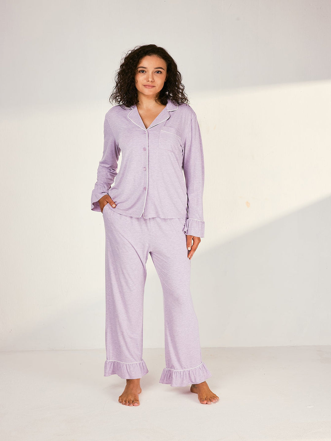 Women Bamboo Viscose Pajama Sets Ruffled Cuff Hem Long Sleeve Fancy Yarn 2 Piece Loungewear Loose Fit Drop Shoulder - MOSSRIVER