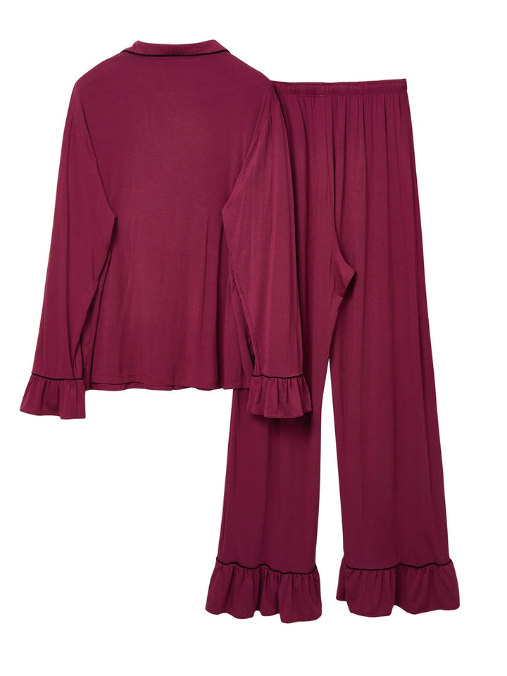 Women Bamboo Viscose Pajama Sets Ruffled Cuff Hem Long Sleeve Fancy Yarn 2 Piece Loungewear Loose Fit Drop Shoulder - MOSSRIVER