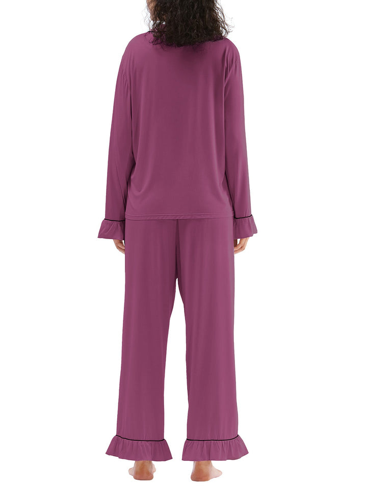 Women Bamboo Viscose Pajama Sets Ruffled Cuff Hem Long Sleeve Fancy Yarn 2 Piece Loungewear Loose Fit Drop Shoulder - MOSSRIVER
