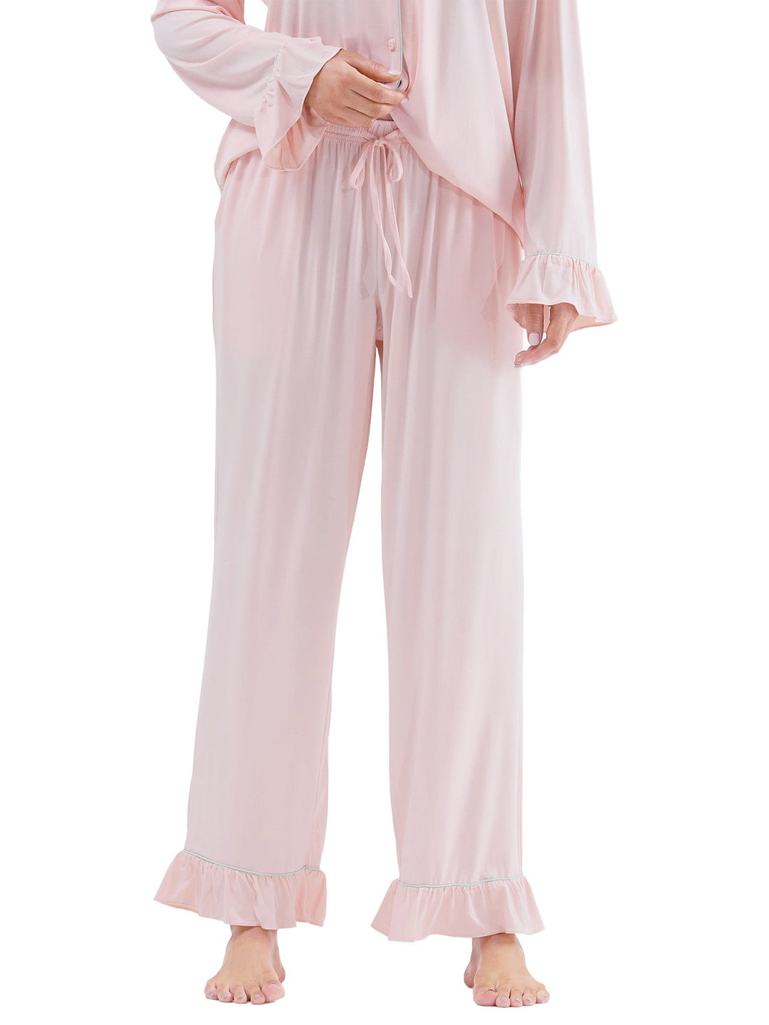 Women Bamboo Viscose Pajama Sets Ruffled Cuff Hem Long Sleeve Fancy Yarn 2 Piece Loungewear Loose Fit Drop Shoulder - MOSSRIVER