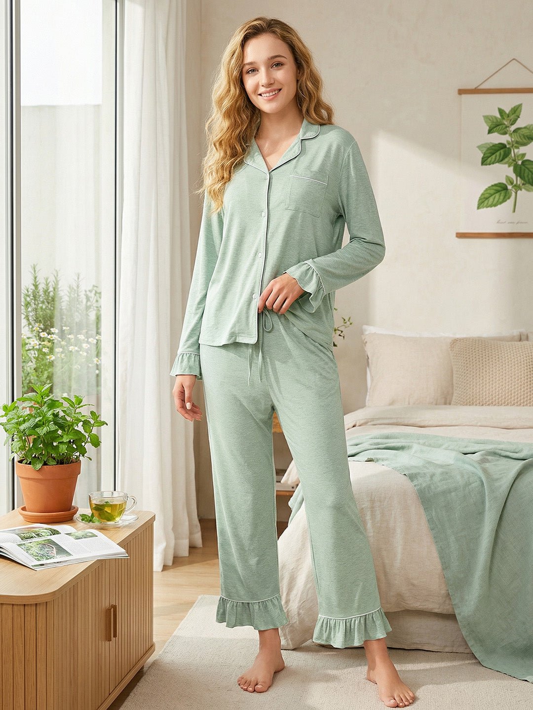 Women Bamboo Viscose Pajama Sets Ruffled Cuff Hem Long Sleeve Fancy Yarn 2 Piece Loungewear Loose Fit Drop Shoulder - MOSSRIVER