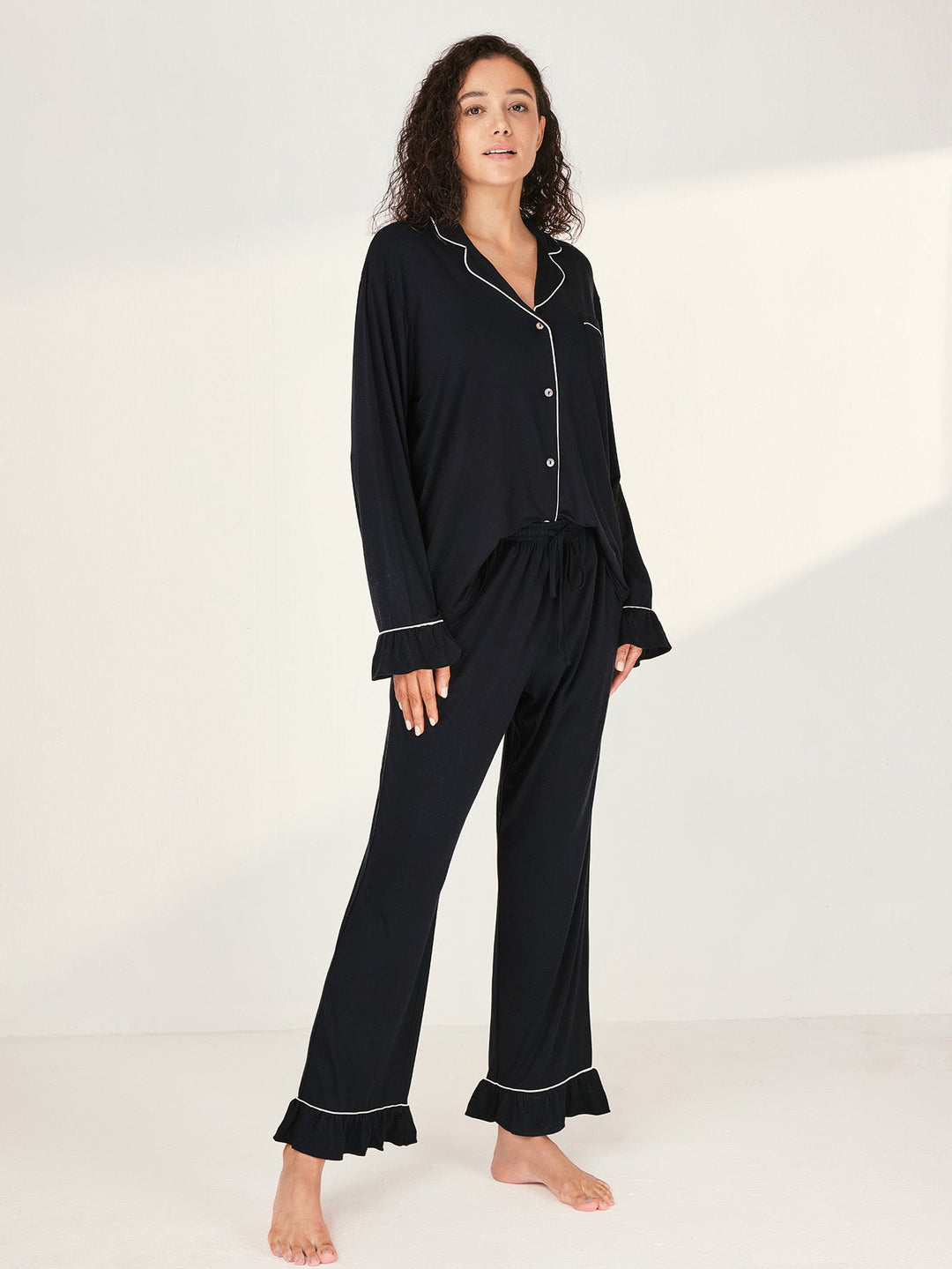 Women Bamboo Viscose Pajama Sets Ruffled Cuff Hem Long Sleeve Fancy Yarn 2 Piece Loungewear Loose Fit Drop Shoulder - MOSSRIVER