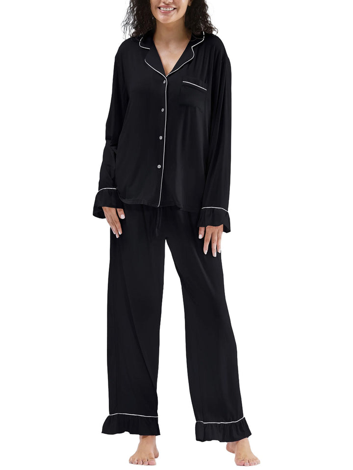 Women Bamboo Viscose Pajama Sets Ruffled Cuff Hem Long Sleeve Fancy Yarn 2 Piece Loungewear Loose Fit Drop Shoulder - MOSSRIVER