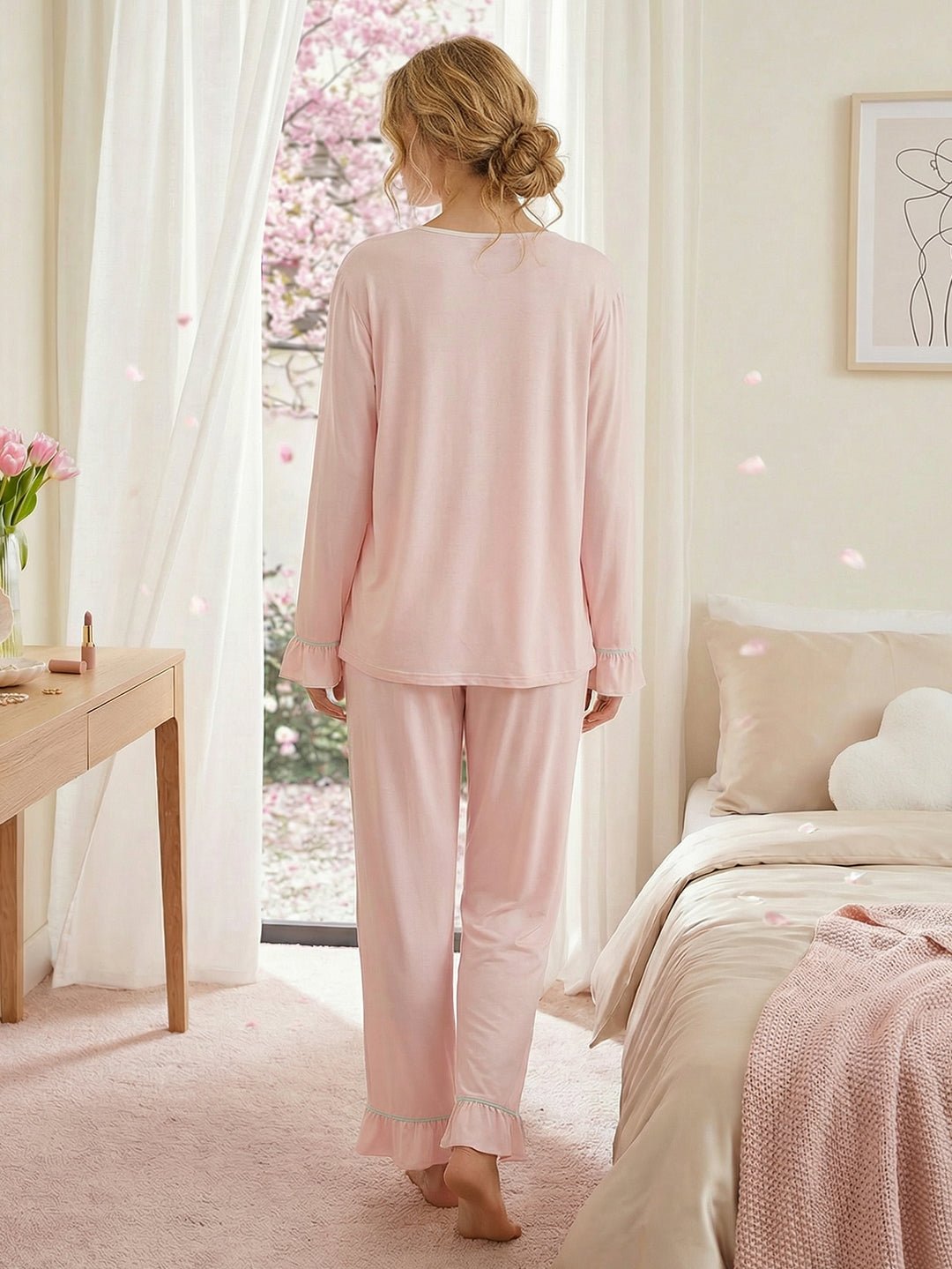 Women Bamboo Viscose Pajama Sets Ruffled Cuff Hem Long Sleeve Fancy Yarn 2 Piece Loungewear Loose Fit Drop Shoulder - MOSSRIVER