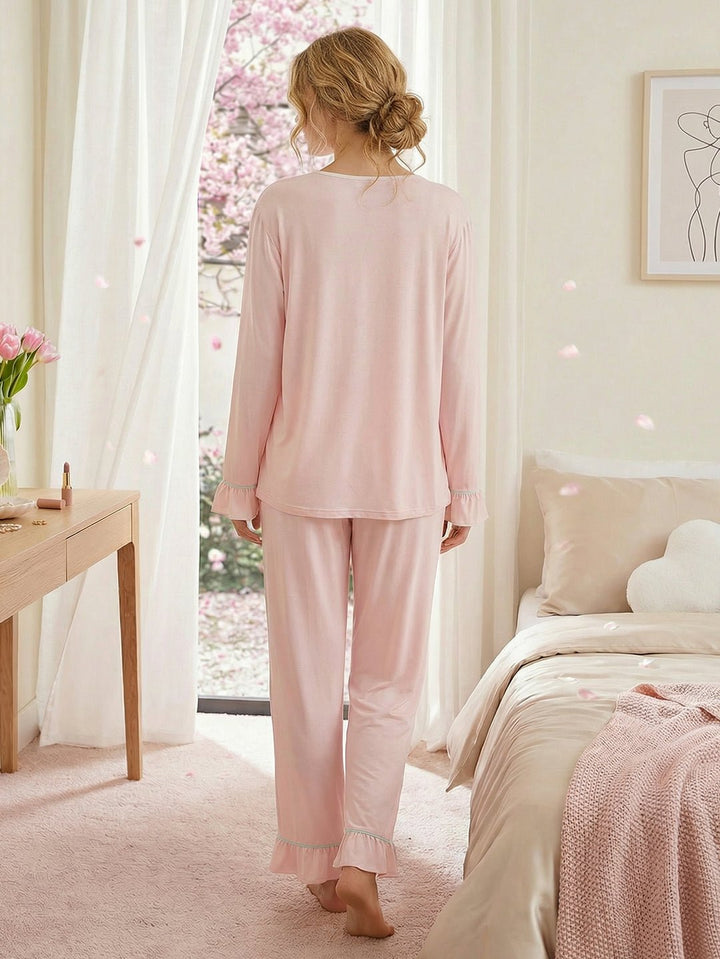 Women Bamboo Viscose Pajama Sets Ruffled Cuff Hem Long Sleeve Fancy Yarn 2 Piece Loungewear Loose Fit Drop Shoulder - MOSSRIVER