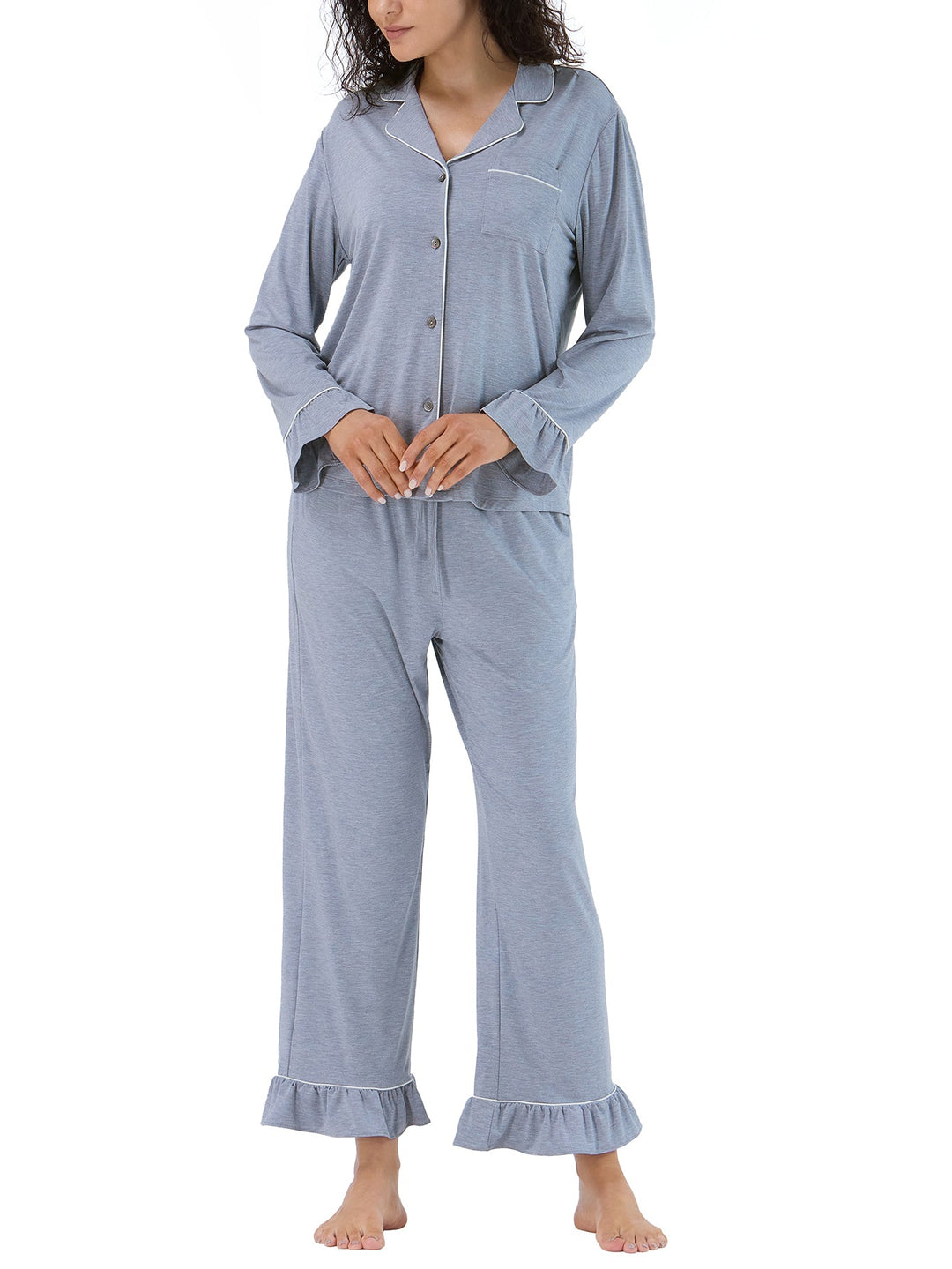 Women Bamboo Viscose Pajama Sets Ruffled Cuff Hem Long Sleeve Fancy Yarn 2 Piece Loungewear Loose Fit Drop Shoulder - MOSSRIVER