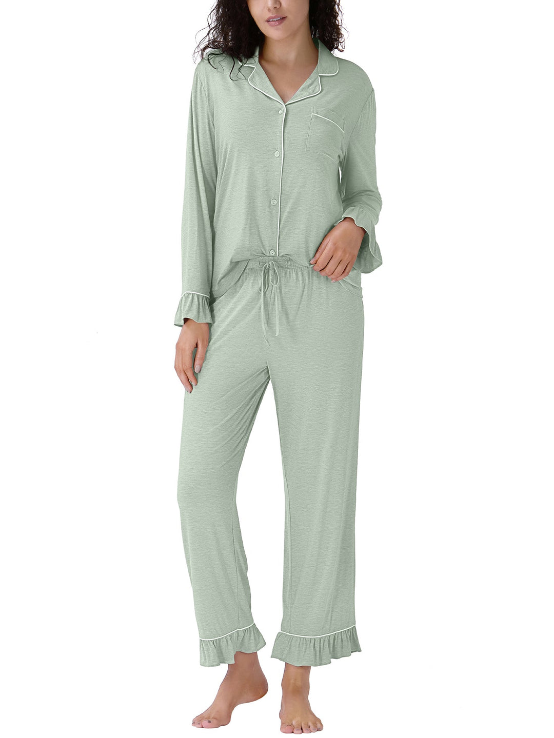 Women Bamboo Viscose Pajama Sets Ruffled Cuff Hem Long Sleeve Fancy Yarn 2 Piece Loungewear Loose Fit Drop Shoulder - MOSSRIVER