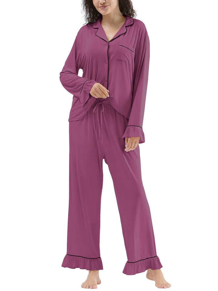 Women Bamboo Viscose Pajama Sets Ruffled Cuff Hem Long Sleeve Fancy Yarn 2 Piece Loungewear Loose Fit Drop Shoulder - MOSSRIVER