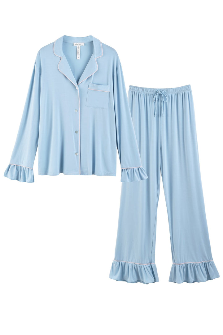 Women Bamboo Viscose Pajama Sets Ruffled Cuff Hem Long Sleeve Fancy Yarn 2 Piece Loungewear Loose Fit Drop Shoulder - MOSSRIVER
