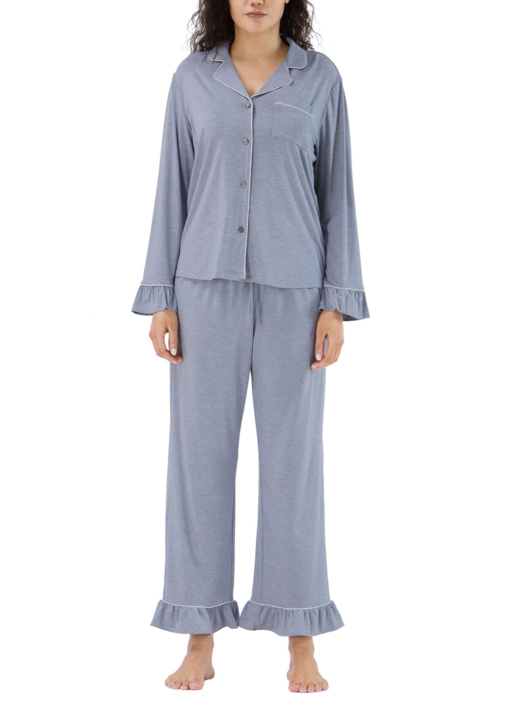 Women Bamboo Viscose Pajama Sets Ruffled Cuff Hem Long Sleeve Fancy Yarn 2 Piece Loungewear Loose Fit Drop Shoulder - MOSSRIVER