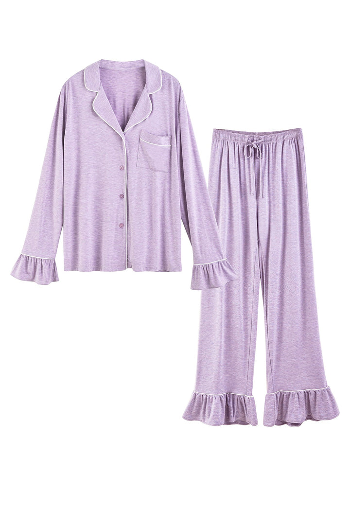 Women Bamboo Viscose Pajama Sets Ruffled Cuff Hem Long Sleeve Fancy Yarn 2 Piece Loungewear Loose Fit Drop Shoulder - MOSSRIVER