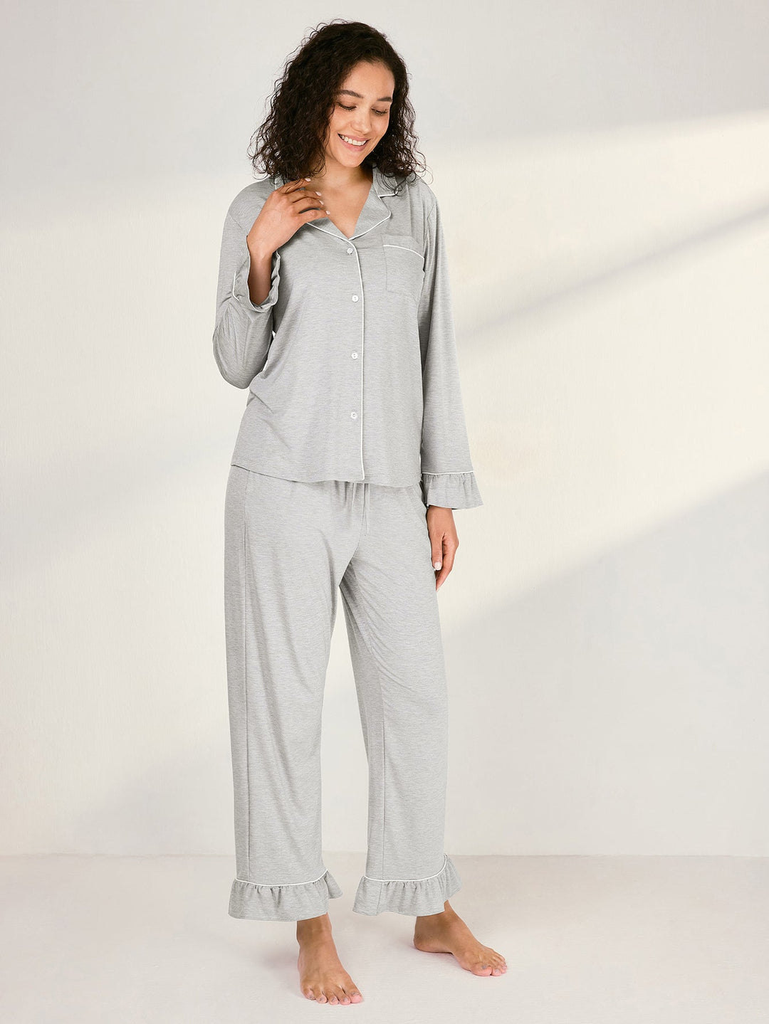 Women Bamboo Viscose Pajama Sets Ruffled Cuff Hem Long Sleeve Fancy Yarn 2 Piece Loungewear Loose Fit Drop Shoulder - MOSSRIVER