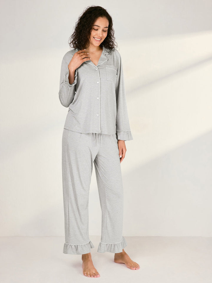 Women Bamboo Viscose Pajama Sets Ruffled Cuff Hem Long Sleeve Fancy Yarn 2 Piece Loungewear Loose Fit Drop Shoulder - MOSSRIVER