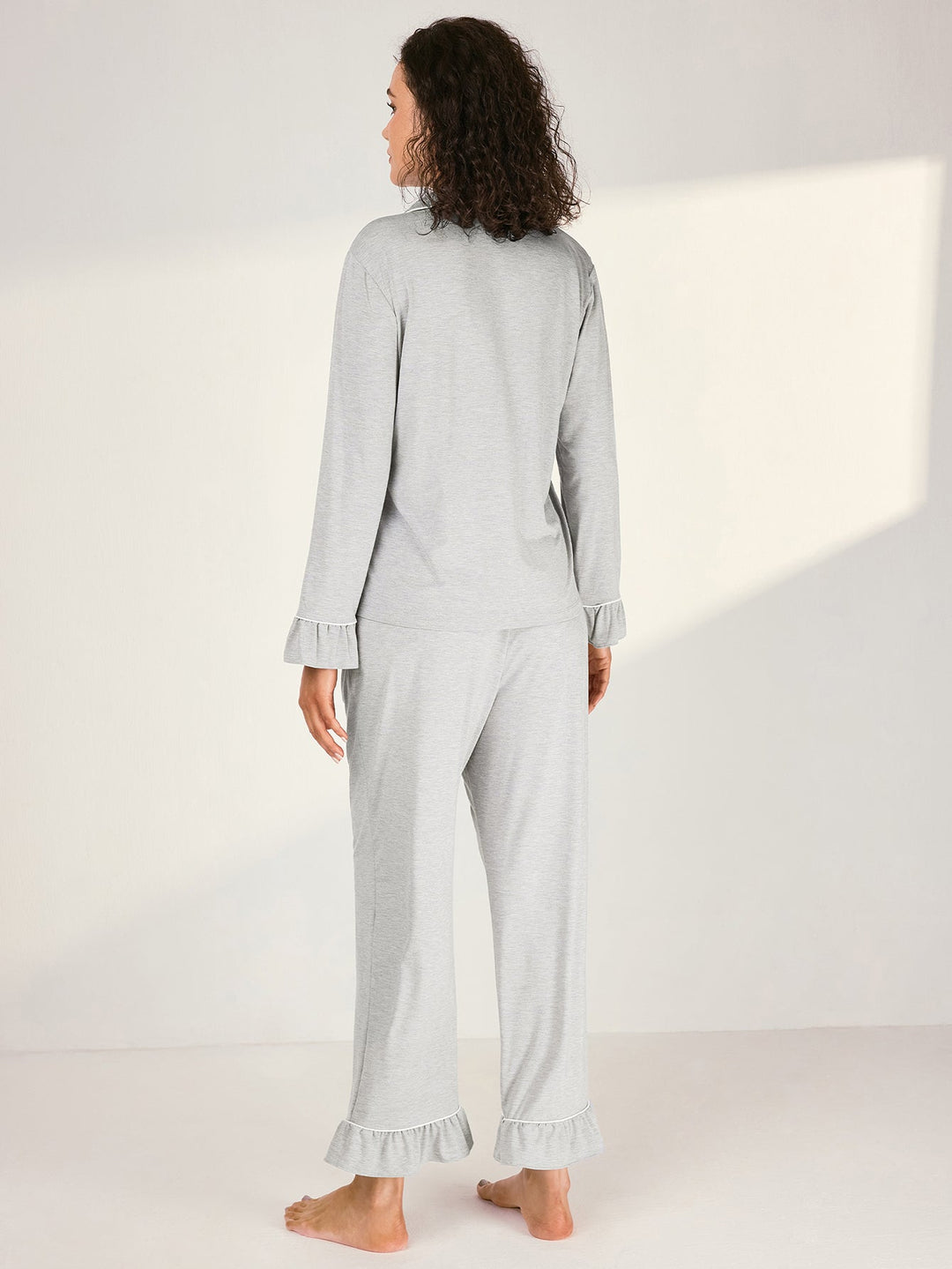 Women Bamboo Viscose Pajama Sets Ruffled Cuff Hem Long Sleeve Fancy Yarn 2 Piece Loungewear Loose Fit Drop Shoulder - MOSSRIVER