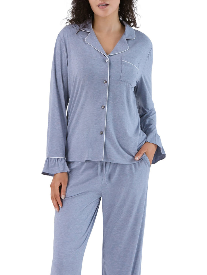 Women Bamboo Viscose Pajama Sets Ruffled Cuff Hem Long Sleeve Fancy Yarn 2 Piece Loungewear Loose Fit Drop Shoulder - MOSSRIVER