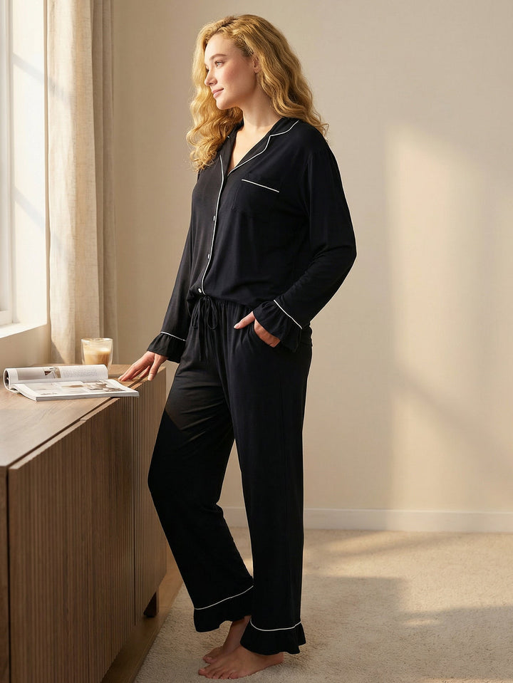 Women Bamboo Viscose Pajama Sets Ruffled Cuff Hem Long Sleeve Fancy Yarn 2 Piece Loungewear Loose Fit Drop Shoulder - MOSSRIVER