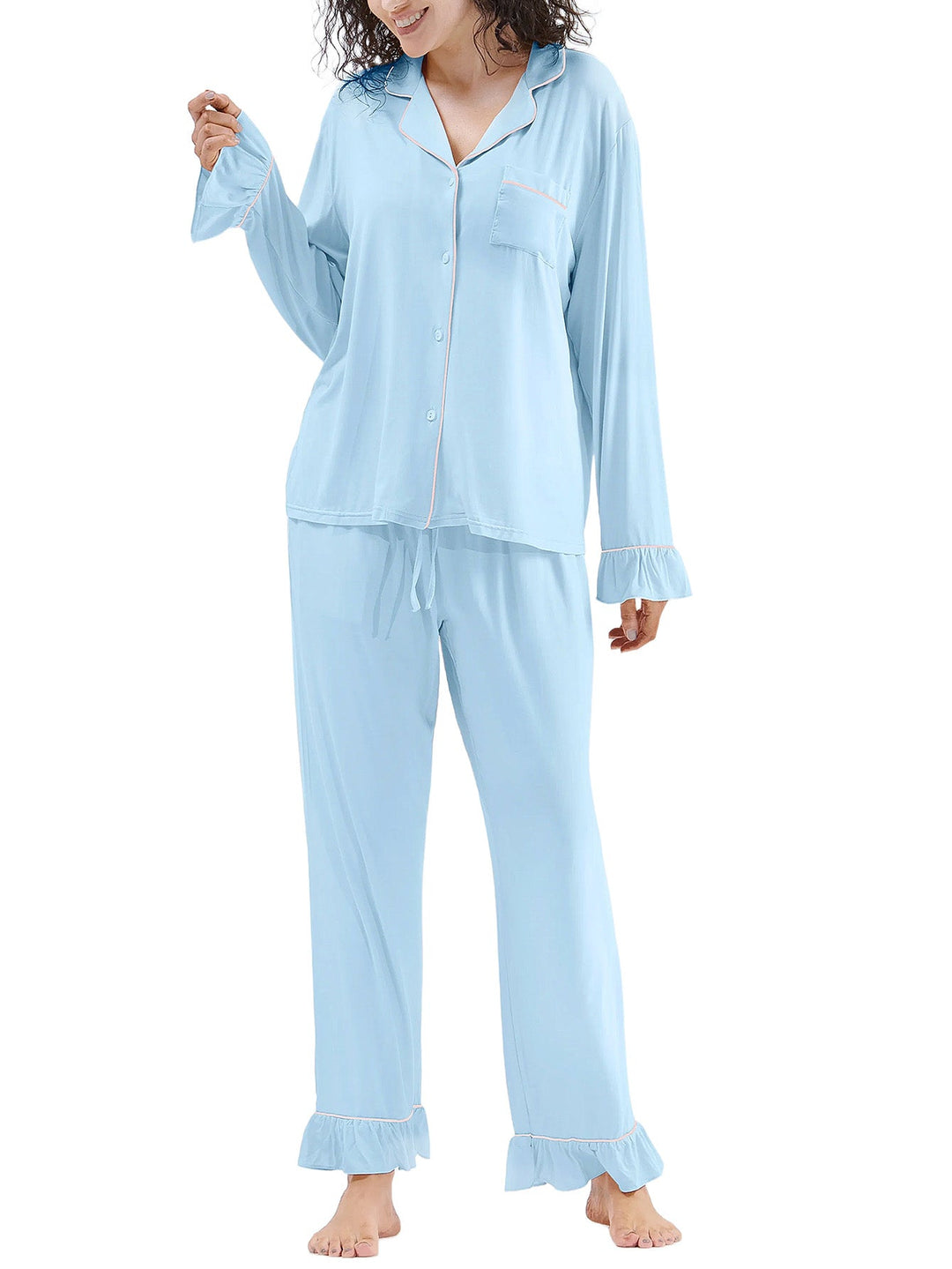 Women Bamboo Viscose Pajama Sets Ruffled Cuff Hem Long Sleeve Fancy Yarn 2 Piece Loungewear Loose Fit Drop Shoulder - MOSSRIVER