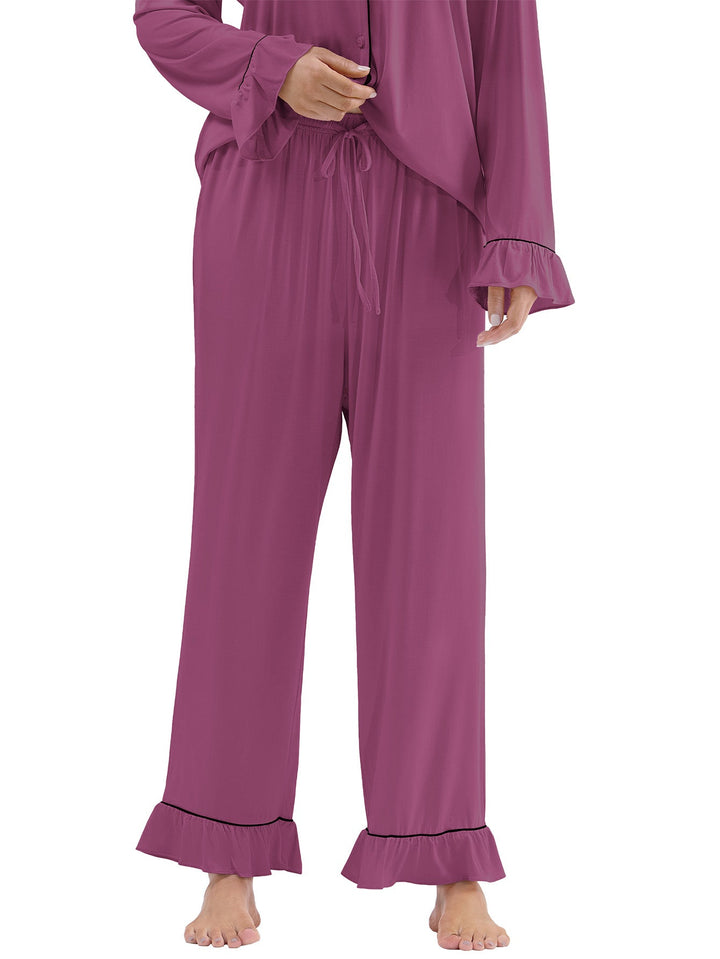 Women Bamboo Viscose Pajama Sets Ruffled Cuff Hem Long Sleeve Fancy Yarn 2 Piece Loungewear Loose Fit Drop Shoulder - MOSSRIVER