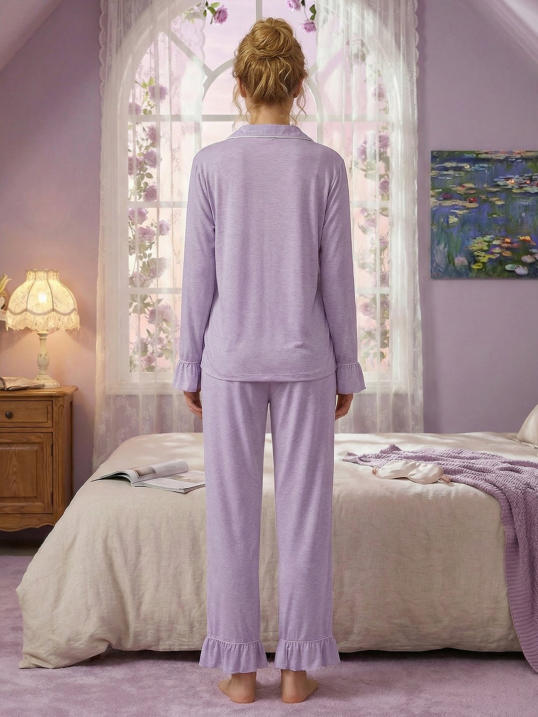 Women Bamboo Viscose Pajama Sets Ruffled Cuff Hem Long Sleeve Fancy Yarn 2 Piece Loungewear Loose Fit Drop Shoulder - MOSSRIVER