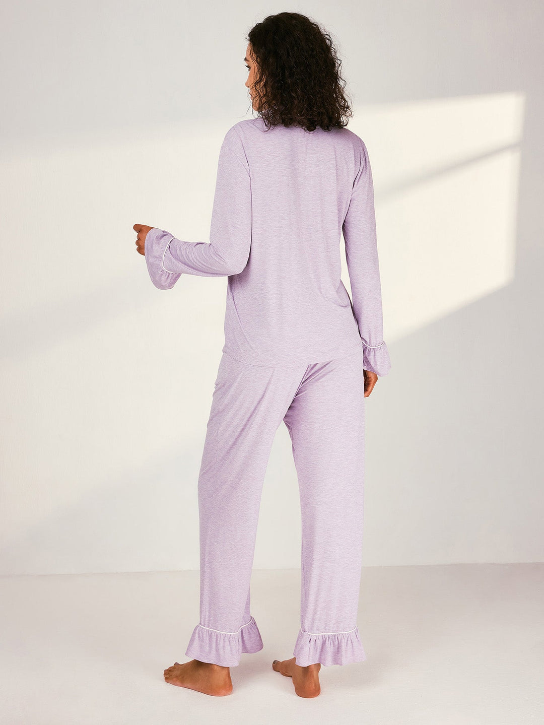 Women Bamboo Viscose Pajama Sets Ruffled Cuff Hem Long Sleeve Fancy Yarn 2 Piece Loungewear Loose Fit Drop Shoulder - MOSSRIVER