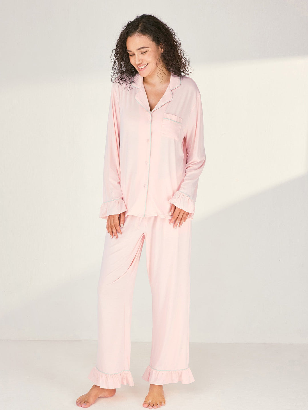 Women Bamboo Viscose Pajama Sets Ruffled Cuff Hem Long Sleeve Fancy Yarn 2 Piece Loungewear Loose Fit Drop Shoulder - MOSSRIVER