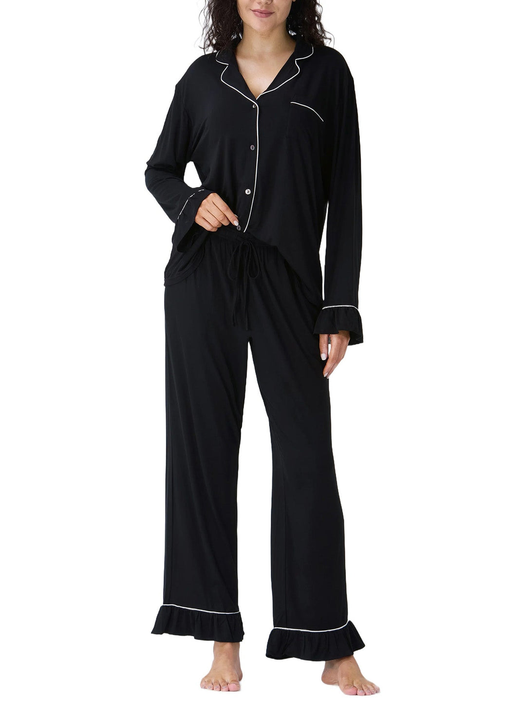 Women Bamboo Viscose Pajama Sets Ruffled Cuff Hem Long Sleeve Fancy Yarn 2 Piece Loungewear Loose Fit Drop Shoulder - MOSSRIVER