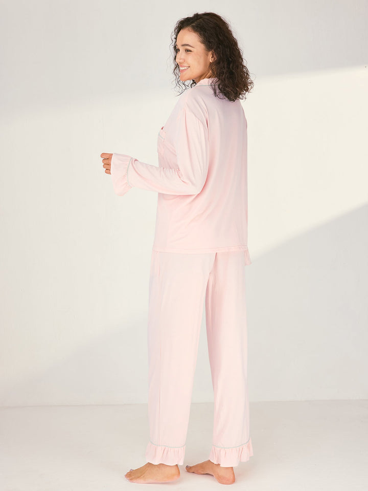 Women Bamboo Viscose Pajama Sets Ruffled Cuff Hem Long Sleeve Fancy Yarn 2 Piece Loungewear Loose Fit Drop Shoulder - MOSSRIVER
