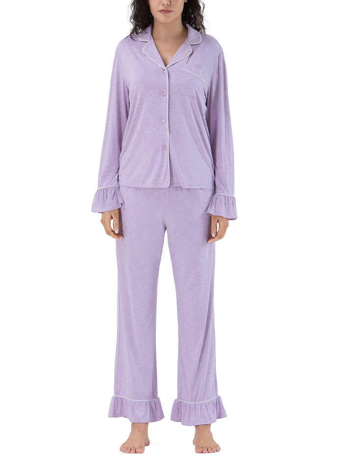 Women Bamboo Viscose Pajama Sets Ruffled Cuff Hem Long Sleeve Fancy Yarn 2 Piece Loungewear Loose Fit Drop Shoulder - MOSSRIVER