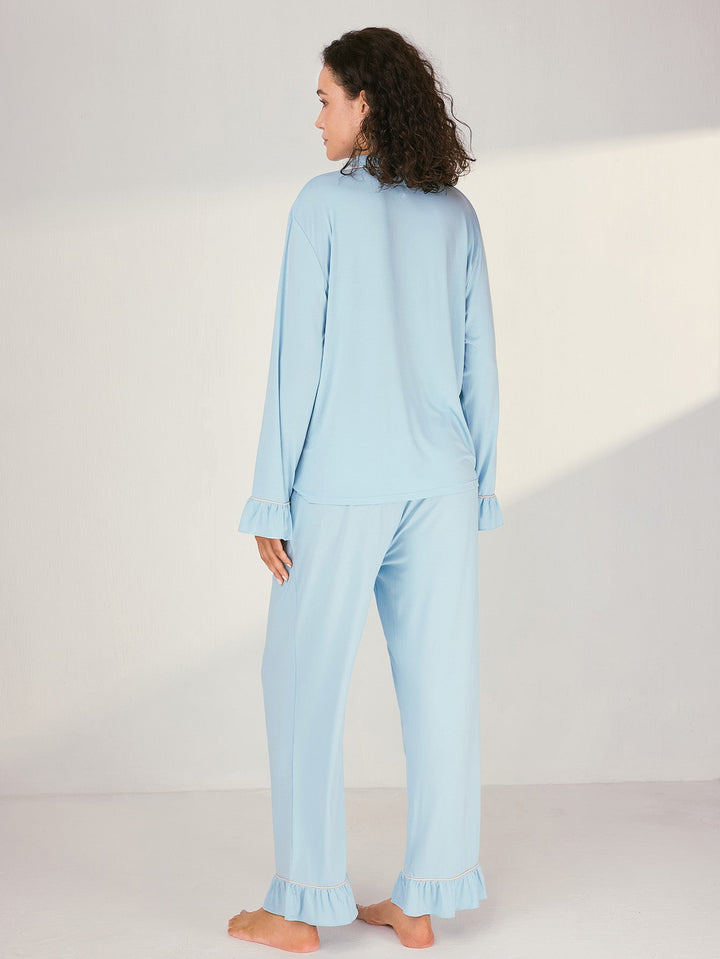 Women Bamboo Viscose Pajama Sets Ruffled Cuff Hem Long Sleeve Fancy Yarn 2 Piece Loungewear Loose Fit Drop Shoulder - MOSSRIVER