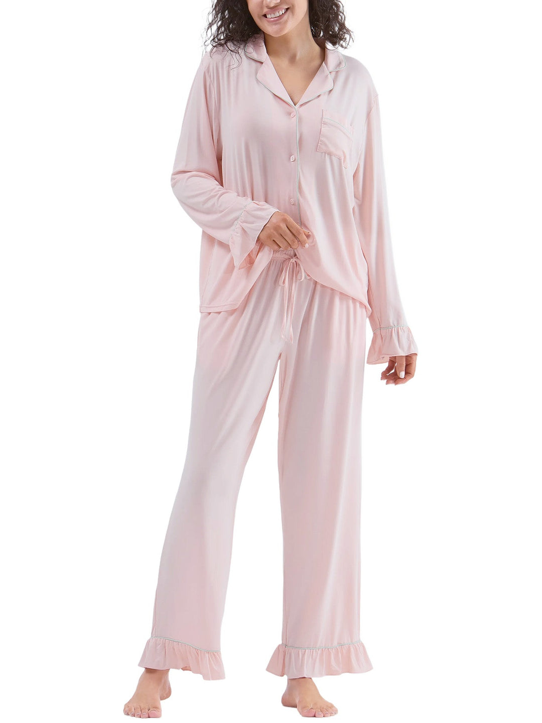 Women Bamboo Viscose Pajama Sets Ruffled Cuff Hem Long Sleeve Fancy Yarn 2 Piece Loungewear Loose Fit Drop Shoulder - MOSSRIVER