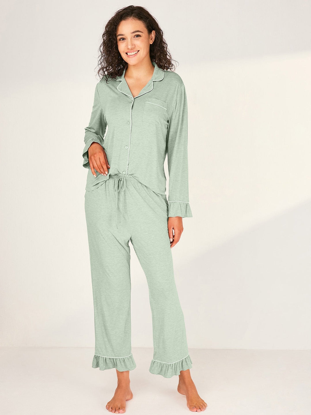 Women Bamboo Viscose Pajama Sets Ruffled Cuff Hem Long Sleeve Fancy Yarn 2 Piece Loungewear Loose Fit Drop Shoulder - MOSSRIVER