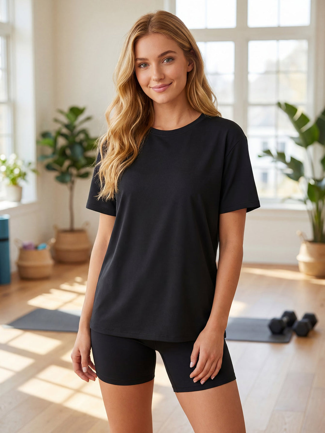 Women's Black Polyester Loungewear Set - Oversized Top & Shorts - MOSSRIVER