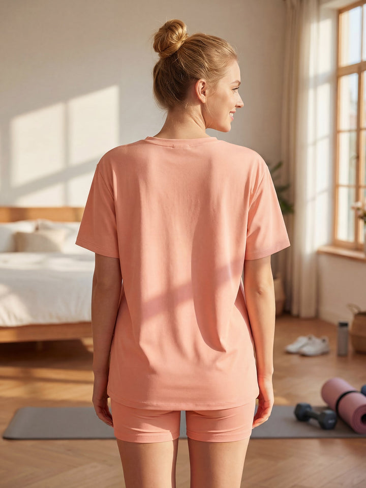 Women's Blush Pink Polyester Loungewear Set - Oversized Top & Shorts - MOSSRIVER