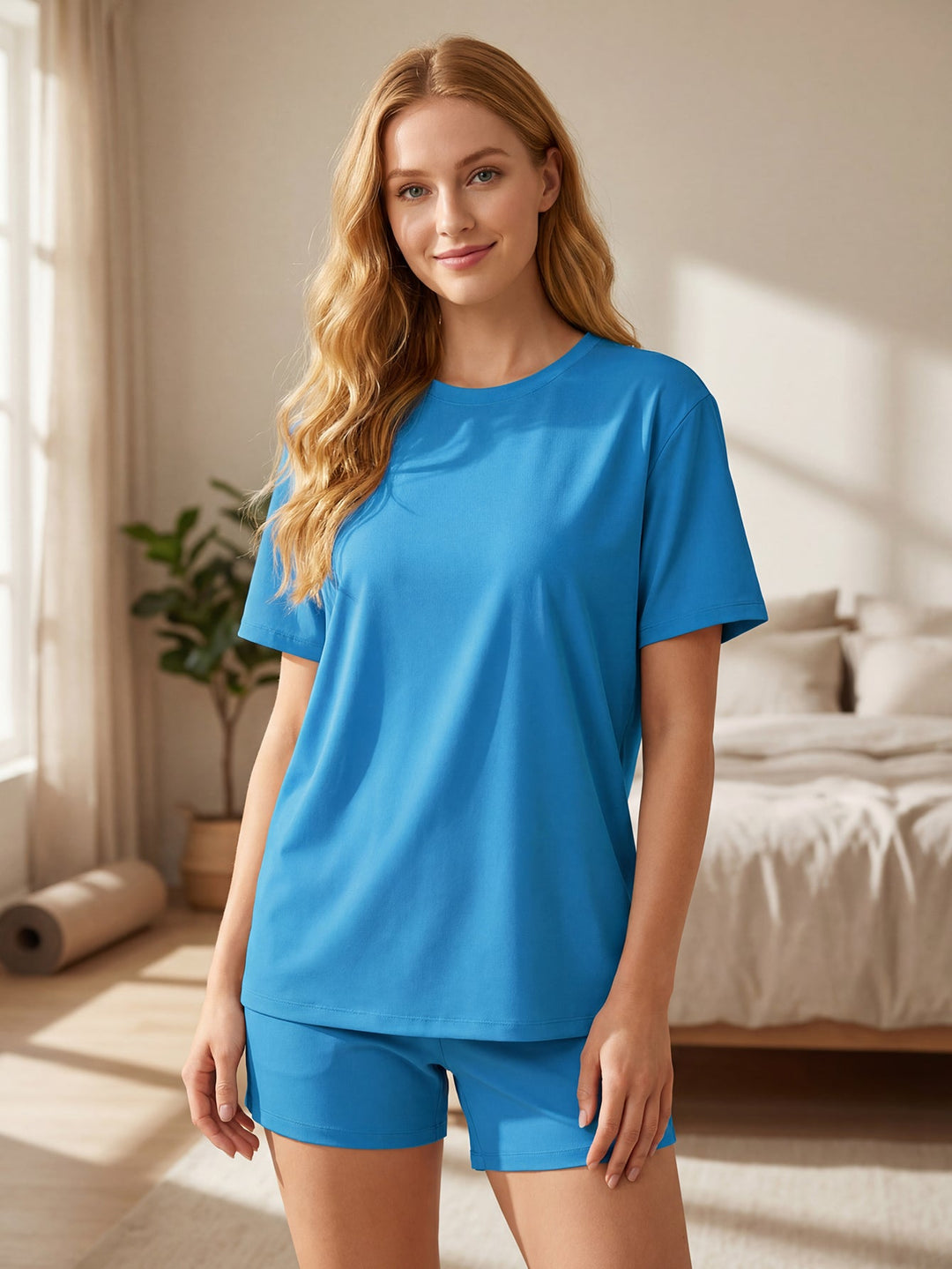 Women's Bright Blue Polyester Loungewear Set - Oversized Short Sleeve Top & Shorts Two - Piece - MOSSRIVER