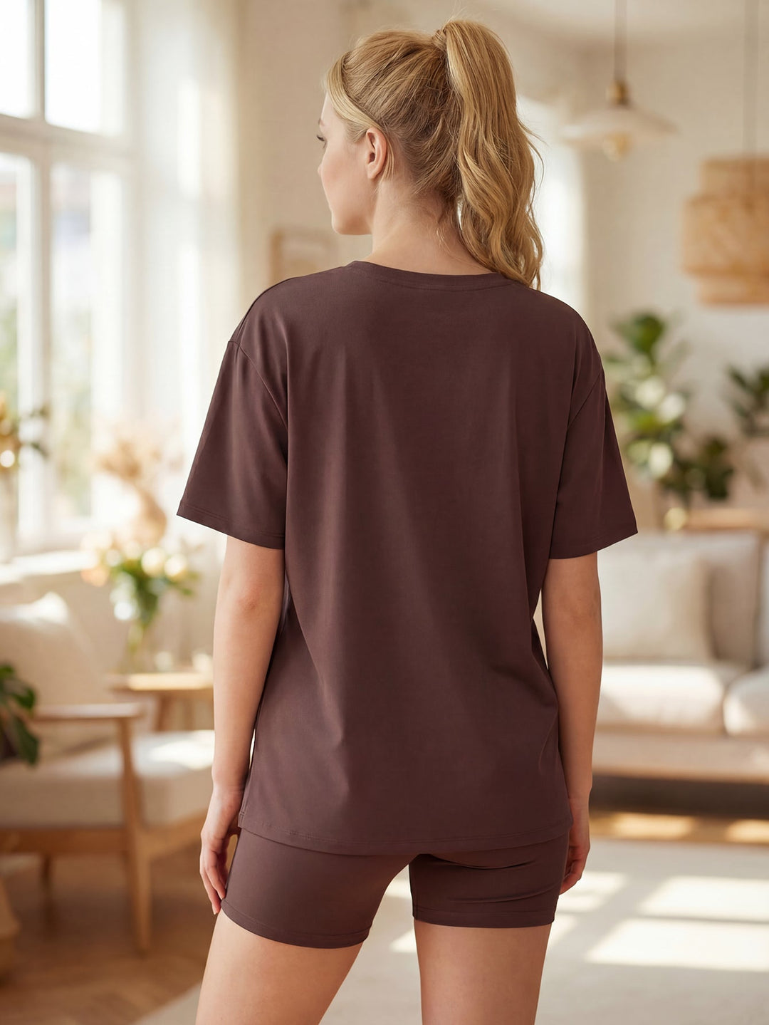 Women's Chocolate Brown Polyester Loungewear Set - Oversized Top & Shorts - MOSSRIVER