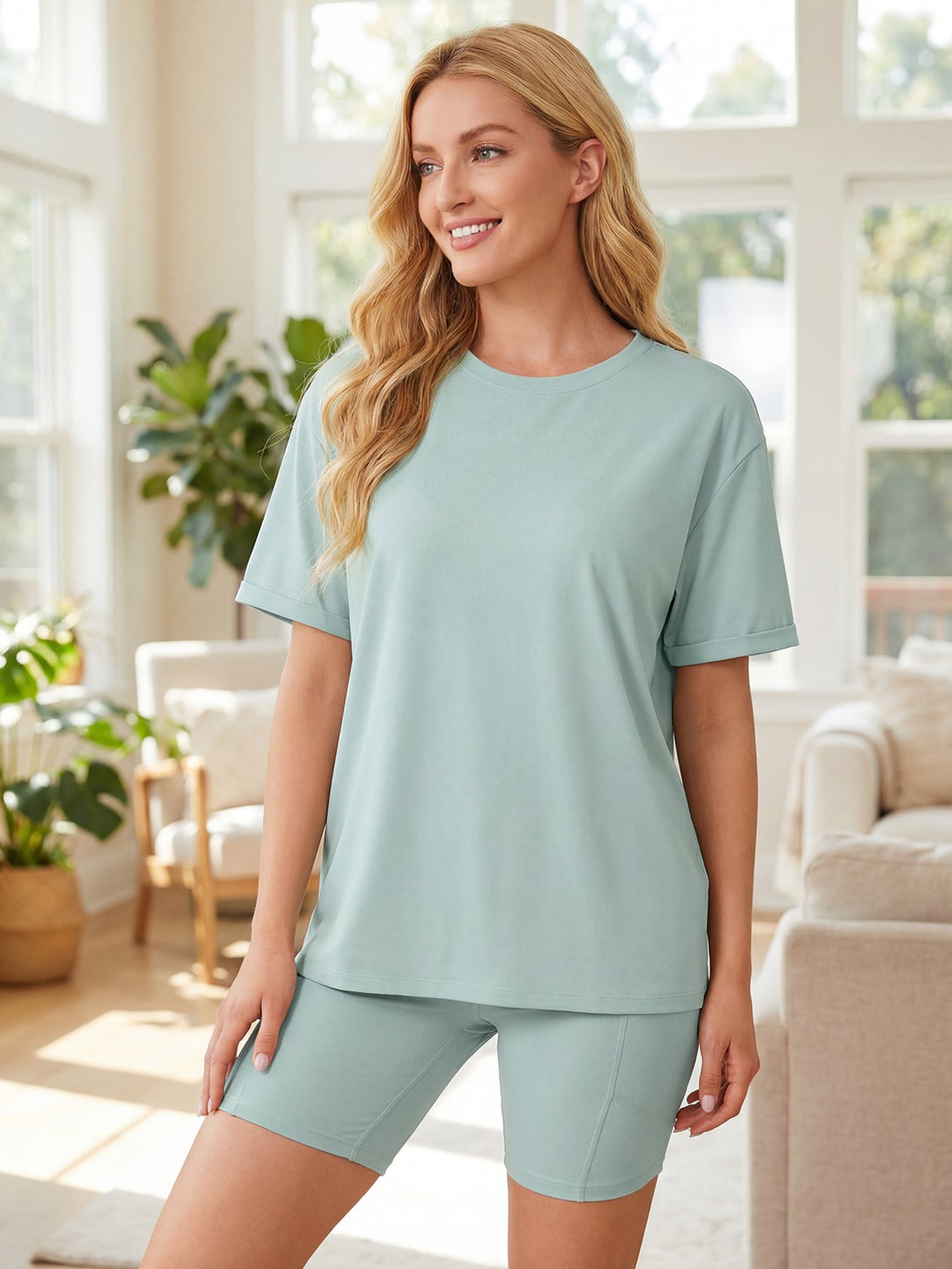 Women's Mint Blue Polyester Loungewear Set - Oversized Top & Shorts - MOSSRIVER