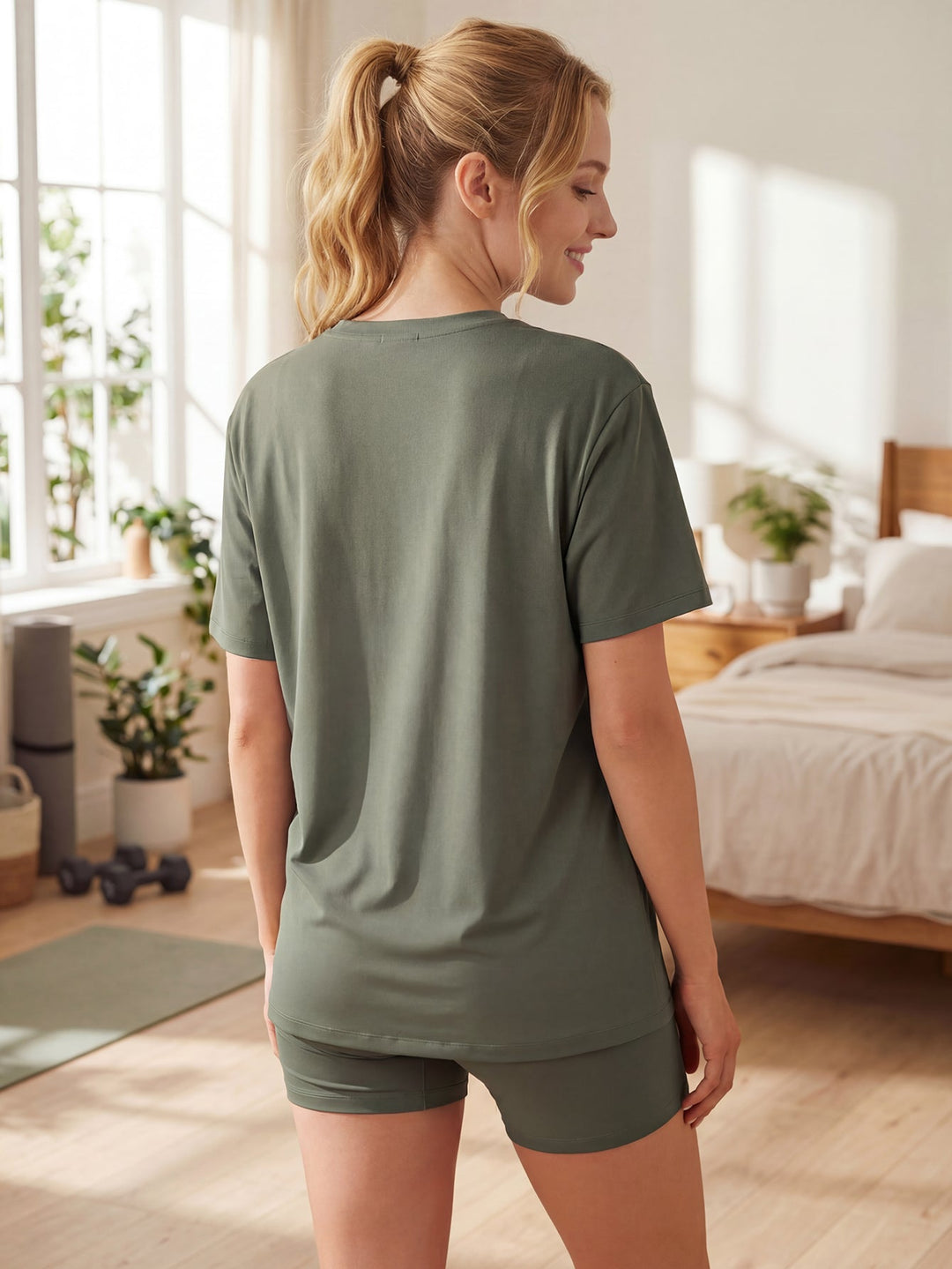 Women's Olive Green Polyester Loungewear Set - Oversized Top & Shorts - MOSSRIVER