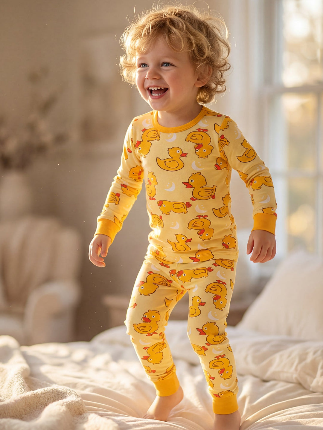 Yellow Duckling Print Bamboo Long - Sleeve Baby Pajamas - MOSSRIVER