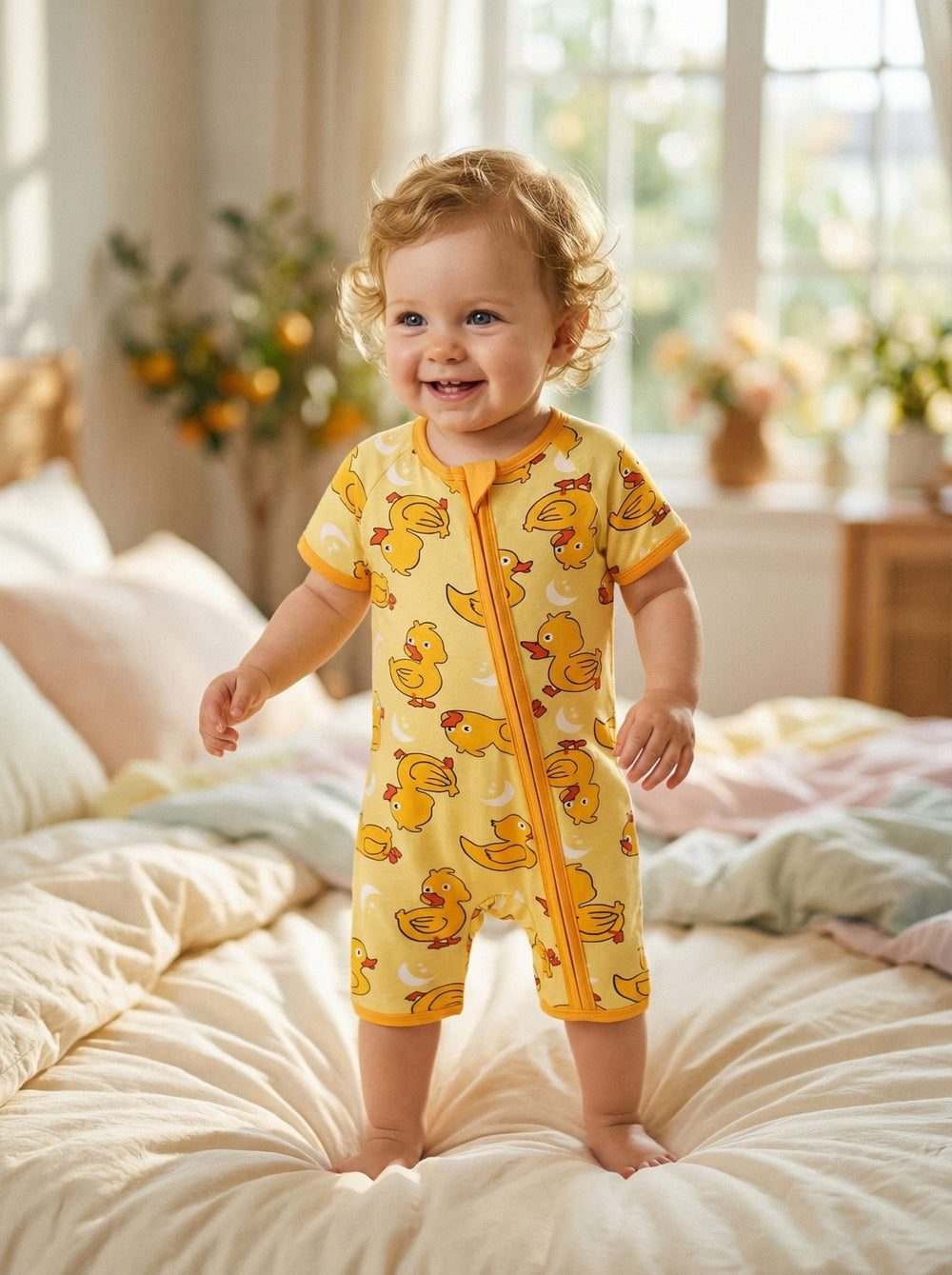 Yellow Duckling Short - Sleeve Baby One - Piece Zipper - MOSSRIVER